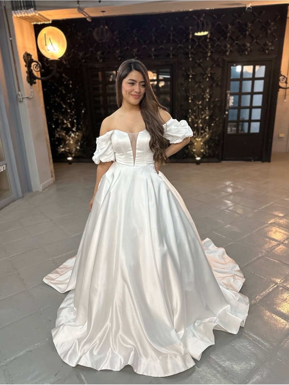 Elegant Off-Shoulder Satin Bridal Ball Gown in White